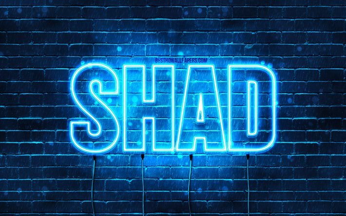 Shad, 4k, pap&#233;is de parede com nomes, nome Shad, luzes de n&#233;on azuis, Happy Birthday Shad, nomes masculinos &#225;rabes populares, imagem com o nome Shad