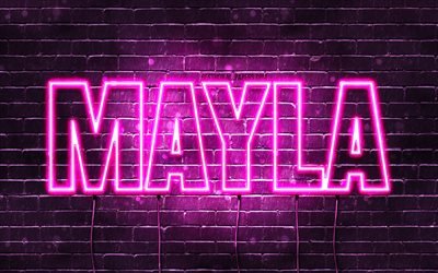 Mayla, 4k, fonds d&#39;&#233;cran avec des noms, noms f&#233;minins, nom Mayla, n&#233;ons violets, joyeux anniversaire Mayla, noms f&#233;minins arabes populaires, photo avec nom Mayla