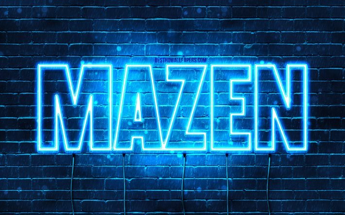 Mazen, 4k, wallpapers with names, Mazen name, blue neon lights, Happy Birthday Mazen, popular arabic male names, picture with Mazen name