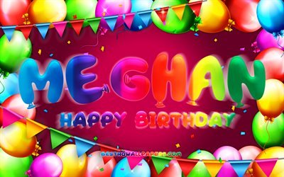 お誕生日おめでとうメガン, 4k, カラフルなバルーンフレーム, メーガンの名前, 紫の背景, メーガンお誕生日おめでとう, メーガンの誕生日, 人気のアメリカ人女性の名前, 誕生日のコンセプト, メーガン