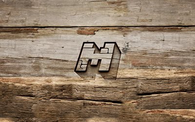 Logo in legno Minecraft, 4K, sfondi in legno, marchi di giochi, logo Minecraft, creativo, intaglio del legno, Minecraft