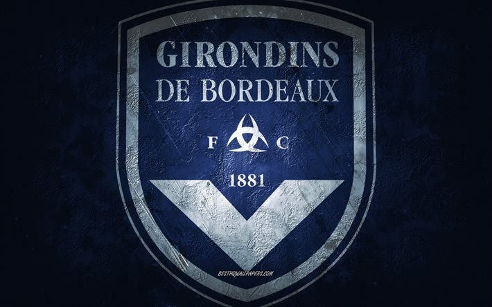 SFC Girondins de Bordeaux, sele&#231;&#227;o francesa de futebol, fundo azul, logotipo do FC Girondins de Bordeaux, arte grunge, Ligue 1, Fran&#231;a, futebol, emblema do FC Girondins de Bordeaux
