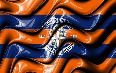 Bandeira do Luton Town FC, 4k, ondas 3D laranja e azul, EFL Championship, clube de futebol ingl&#234;s, futebol, logotipo do Luton Town FC, Luton Town FC, FC Luton Town
