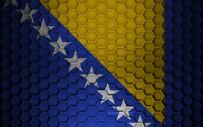 Bosnia and Herzegovina flag, 3d hexagons texture, Bosnia and Herzegovina, 3d texture, Bosnia and Herzegovina 3d flag, metal texture, flag of Bosnia and Herzegovina