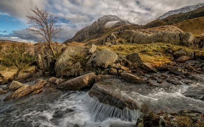 Snowdonia National Park, Mountain river, autumn, waterfall, Wales, Snowdonia, UK