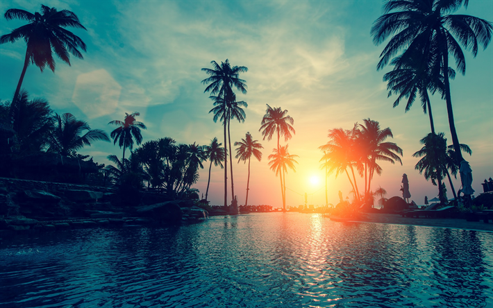 tropiques, resort, coucher de soleil, d&#39;&#233;t&#233;, piscine