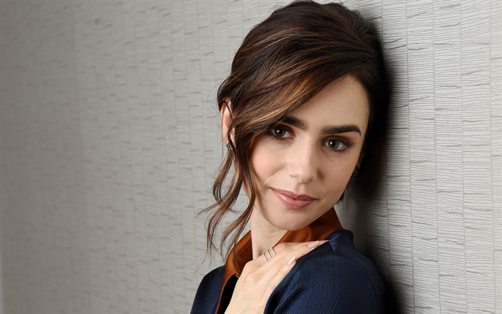 Lily Collins, 2017, American actress, portrait, make-up, smile, beautiful woman
