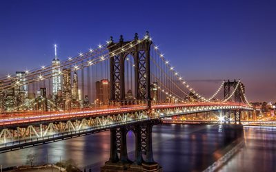 Nueva York, el Puente de Manhattan, la noche, el World Trade Center 1, puente colgante, el East River en Manhattan, estados UNIDOS, las luces de la ciudad
