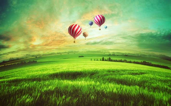 air balloons, meadow, sunset, beautiful landscape