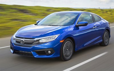 Honda Civic Coupe, 4k, 2018 coches, carretera, azul Civic, Honda