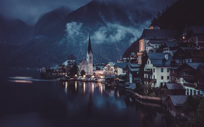 Hallstatt, 暗闇, 湖, 山々, オーストリア