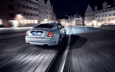 Rolls-Royce Wraith, Spofec, 2017, coches de Lujo, vista posterior, la noche, las luces de la ciudad, conducir de noche, Rolls-Royce