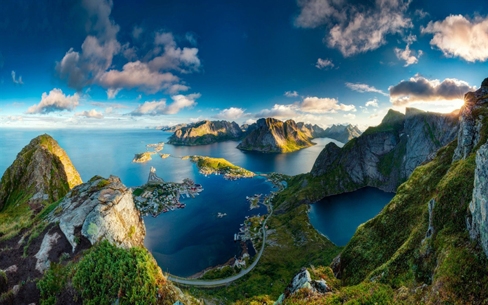 Noruega, p&#244;r do sol, mar, montanhas, porto