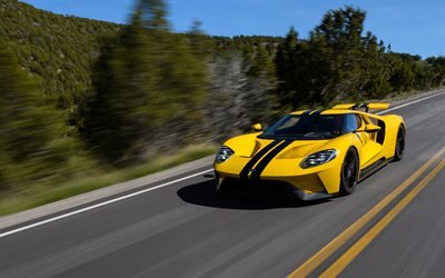 Ford GT, Sports car, road, speed, yellow Ford, American cars, Ford