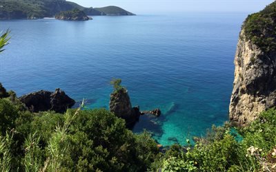 Corf&#250;, Isla, mar J&#243;nico, el verano, las rocas, el mar, Grecia