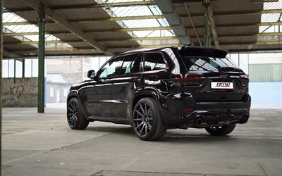 Jeep Grand Cherokee SRT, 2018, 4k, black SUV, tuning Cherokee, rear view, exterior, black wheels with red outgrowth, new black Grand Cherokee, American cars, GME Performance, Jeep
