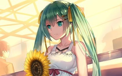 Hatsune Miku, sunflower, summer, Vocaloid, Miku Hatsune, manga