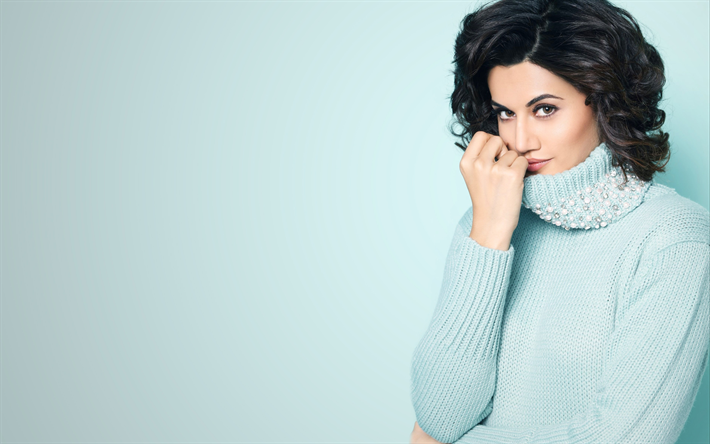 Taapsee Pannu, 4k, portrait, actrice Indienne, Bollywood, Indien, mod&#232;le de mode, pull bleu