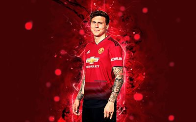 Victor Lindelof, 4k, season 2018-2019, footballers, Manchester United, neon lights, Premier League, Lindelof, soccer, fan art, football, Man United