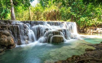 giungla tropicale, cascata, foresta, fiume, Thailandia