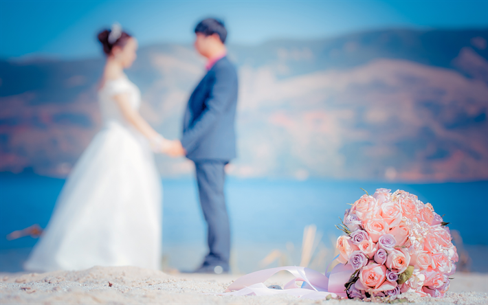 newlyweds, 4k, bokeh, love concept, couple in love, wedding bouquet, wedding moments