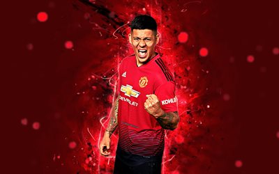 Marcos Rojo, 4k, la temporada 2018-2019, futbolistas, el Manchester United, luces de ne&#243;n, de la Liga Premier, Rojo, f&#250;tbol, fan art, Man United