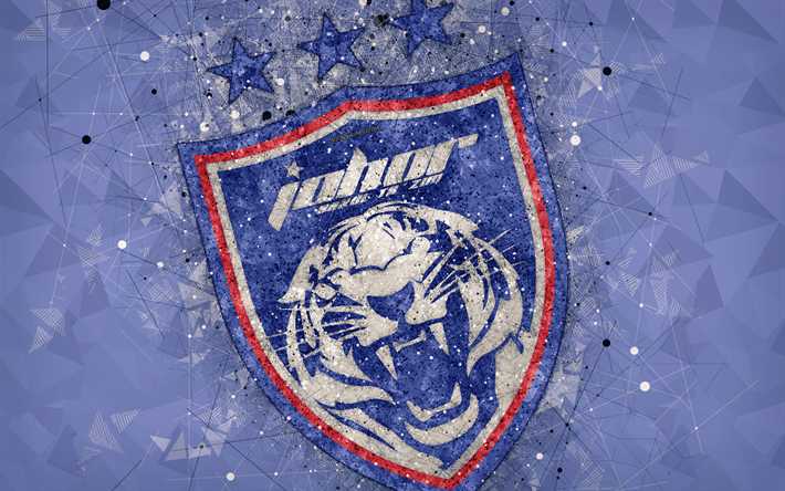 Johor Darul Tazim FC, Johor DT, 4k, logo, geometric art, Malaysian football club, blue background, Malaysia Super League, Johor Bahru, Malaysia, football