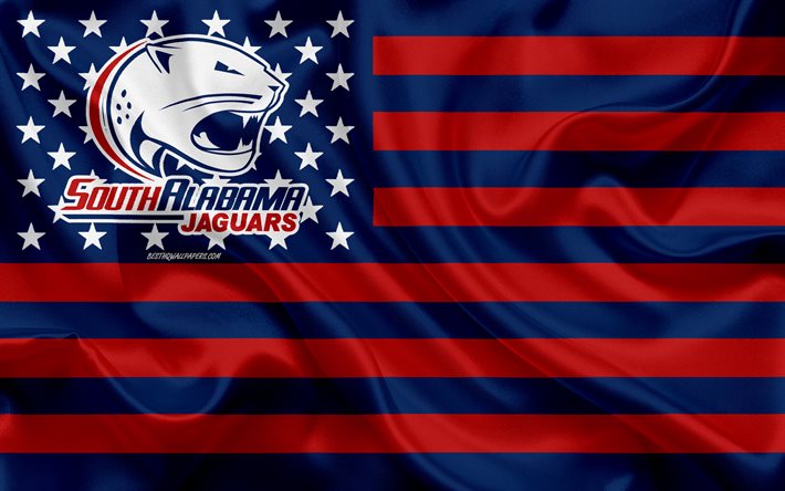 Sud Alabama Jaguars, squadra di football americano, bandiera americana creativa, bandiera rossa blu, NCAA, Mobile, Alabama, USA, logo del Sud Alabama Jaguars, emblema, bandiera della seta, football americano