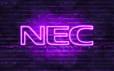 NEC menekşe logosu, 4k, violet brickwall, NEC logosu, markalar, NEC neon logosu, NEC