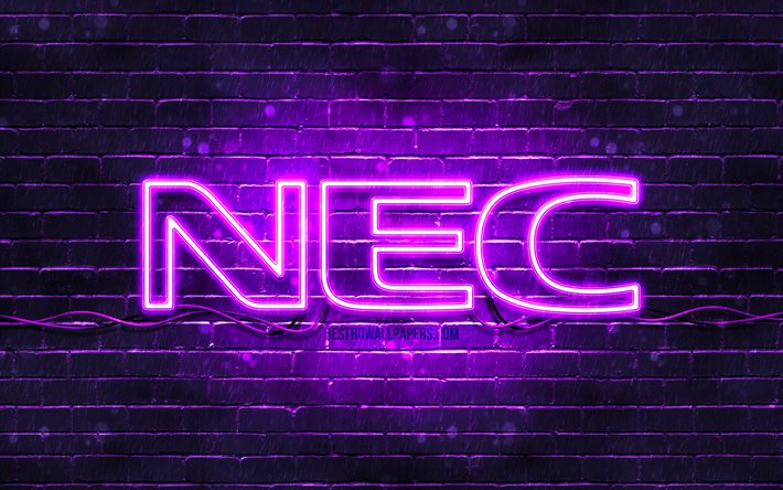 NEC バイオレットロゴ, 4k, スミレ・ブリックウォール, NEC のロゴ, ブランド, NEC ネオンロゴ, ネック