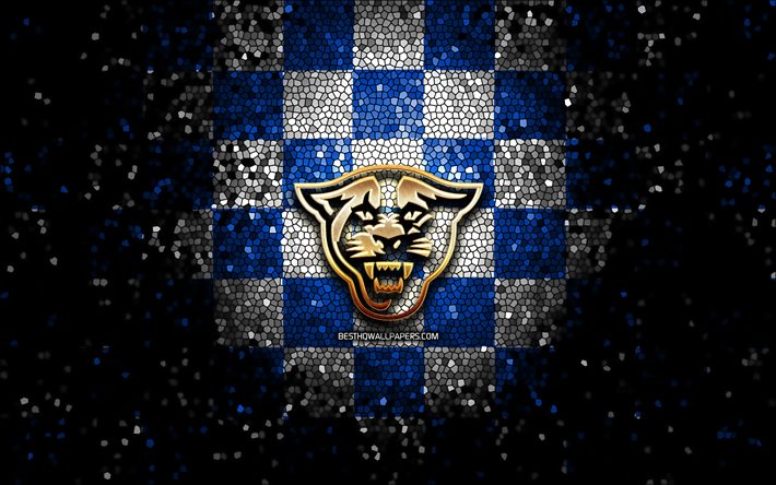Georgia State Panthers, parlak logo, NCAA, mavi beyaz damalı arka plan, ABD, amerikan futbol takımı, Georgia State Panthers logosu, mozaik sanatı, amerikan futbolu, Amerika