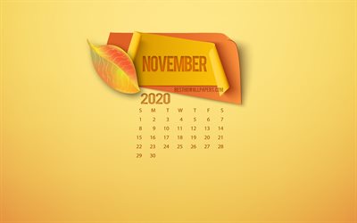 Calendario novembre 2020, sfondo giallo, autunno 2020, novembre, foglie autunnali, concetti autunnali, calendari 2020, elementi di carta autunnali, calendario novembre 2020