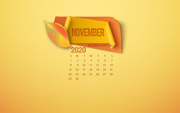 Calendrier de novembre 2020, fond jaune, automne 2020, novembre, feuilles d&#39;automne, concepts d&#39;automne, calendriers 2020, &#233;l&#233;ments de papier automne, calendrier de novembre 2020