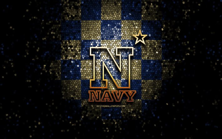 Navy Midshipmen, glitter logo, NCAA, bl&#229;brun rutig bakgrund, USA, amerikansk fotbollslag, Navy Midshipmen logotyp, mosaikkonst, amerikansk fotboll, Amerika