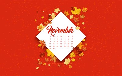 Calendario di novembre 2020, sfondo autunnale rosso, autunno 2020, autunno, 2020, novembre, foglie d&#39;autunno