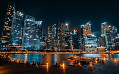 4k, Singapur en la noche, puerto, paisajes nocturnos, rascacielos, Singapur, edificios modernos, paisajes urbanos, Asia, Singapur 4K