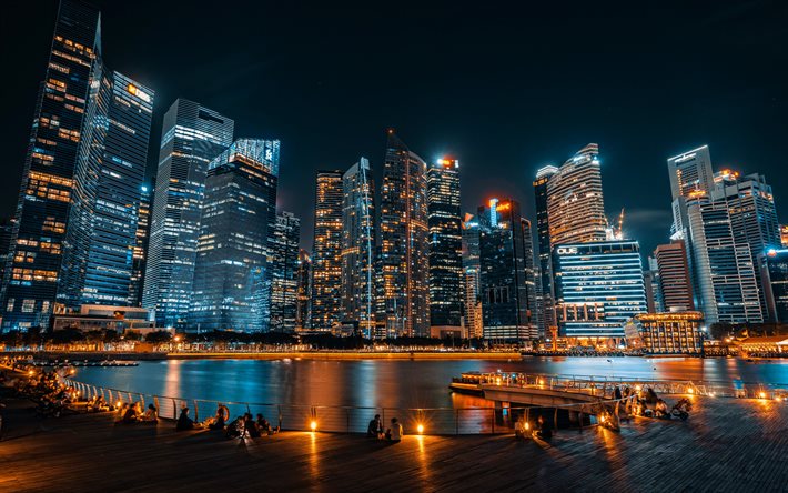 4k, Singapore p&#229; natten, hamn, nattlandskap, skyskrapor, Singapore, moderna byggnader, stadsbilder, Asien, Singapore 4K