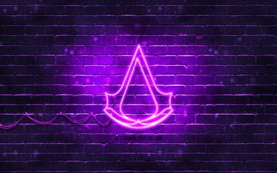 Assassins Creed violet logo, 4k, violet brickwall, Assassins Creed logo, 2020 games, Assassins Creed neon logo, Assassins Creed