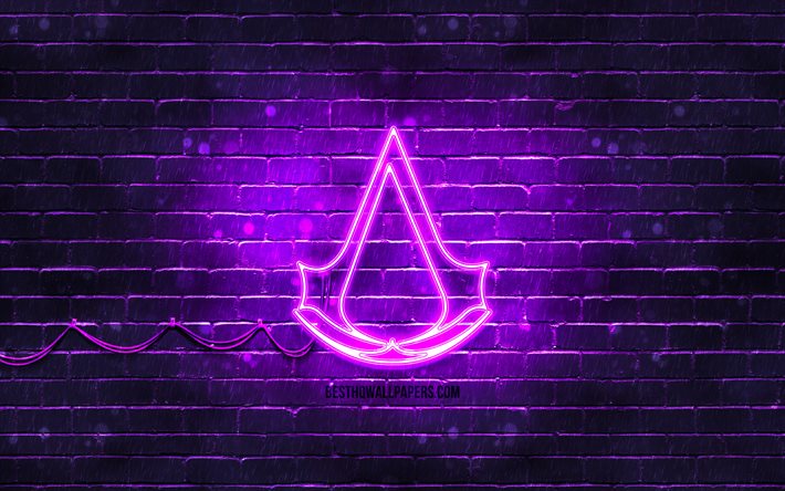 Assassins Creed logo viola, 4k, brickwall viola, logo Assassins Creed, giochi 2020, logo neon di Assassins Creed, Assassins Creed