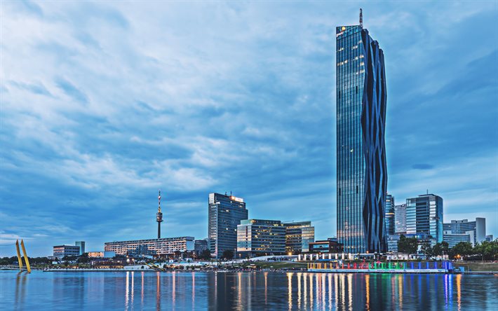 DC Towers, 4k, Danube river, skyscrapers, Vienna, Austria, Europe, austria cities