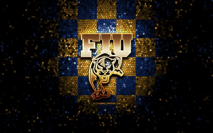FIU Panthers, logotipo com glitter, NCAA, fundo xadrez amarelo azul, EUA, time de futebol americano, logotipo do FIU Panthers, arte em mosaico, futebol americano, Am&#233;rica