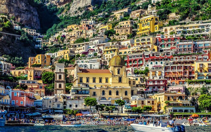 Positano, edifici, panorams, spiaggia, Amalfi, Italia