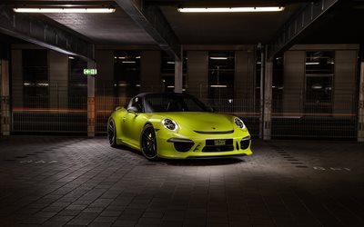 Porsche 911 Targa 4S, supercars, la nuit, Techart, tuning, jaune porsche