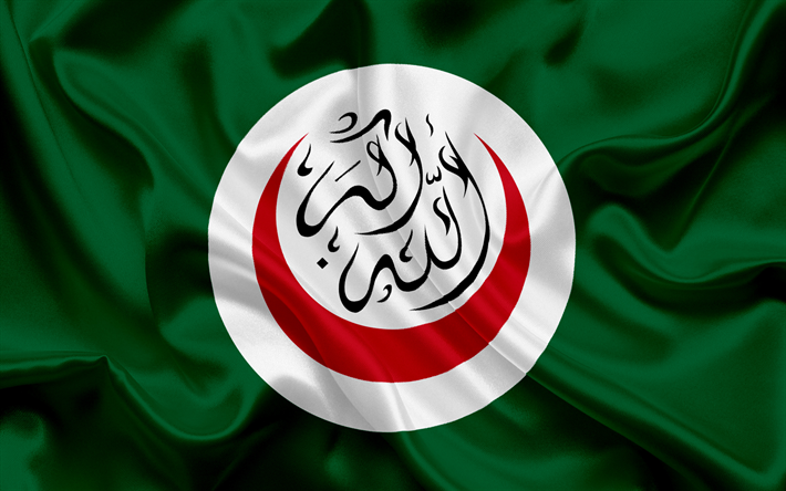 flagge der oic die organisation der islamischen zusammenarbeit, der organisation der afrika -, gr&#252;n-seide-flag, oic-emblem