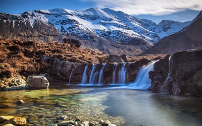 waterfall, lake, mountains, Patagonia, Chile, Andes