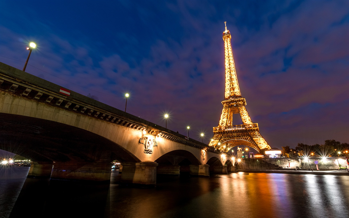 Paris, Eyfel Kulesi, akşam, şehir, ışıklar, nehir, Seine, Fransa