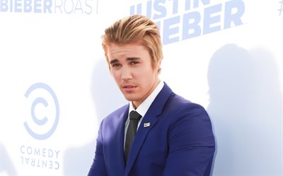 Justin Bieber, portrait, Canadian pop singer, blue mens suit, Justin Drew Bieber