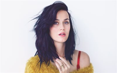 Katy Perry, la chanteuse am&#233;ricaine, portrait, brune, jaune pull, Katheryn Elizabeth Hudson