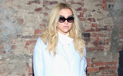 Kesha, American singer, portrait, blue leather coat, blonde, Kesha Rose Sebert