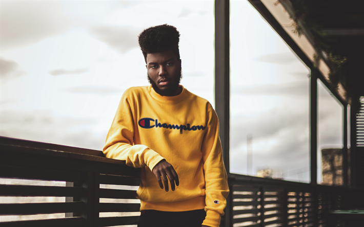 Khalid, Khalid Robinson, portrait, 4k, yellow sweater, young singers, pop, American singer, USA